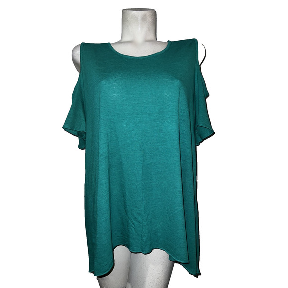 Chico's Tops - By Chicos Top Sz LP (2 Petite) Green Rayon Linen Blend Cold Shoulder Hi-Lo Tunic